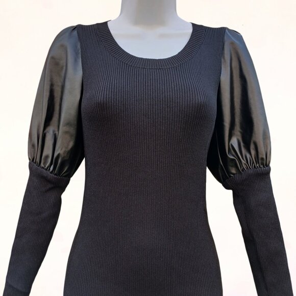 Gabrielle Union Black Bodycon Ribbed Knit Faux Leather Puff Long Sleeves Dress S - Picture 2 of 11